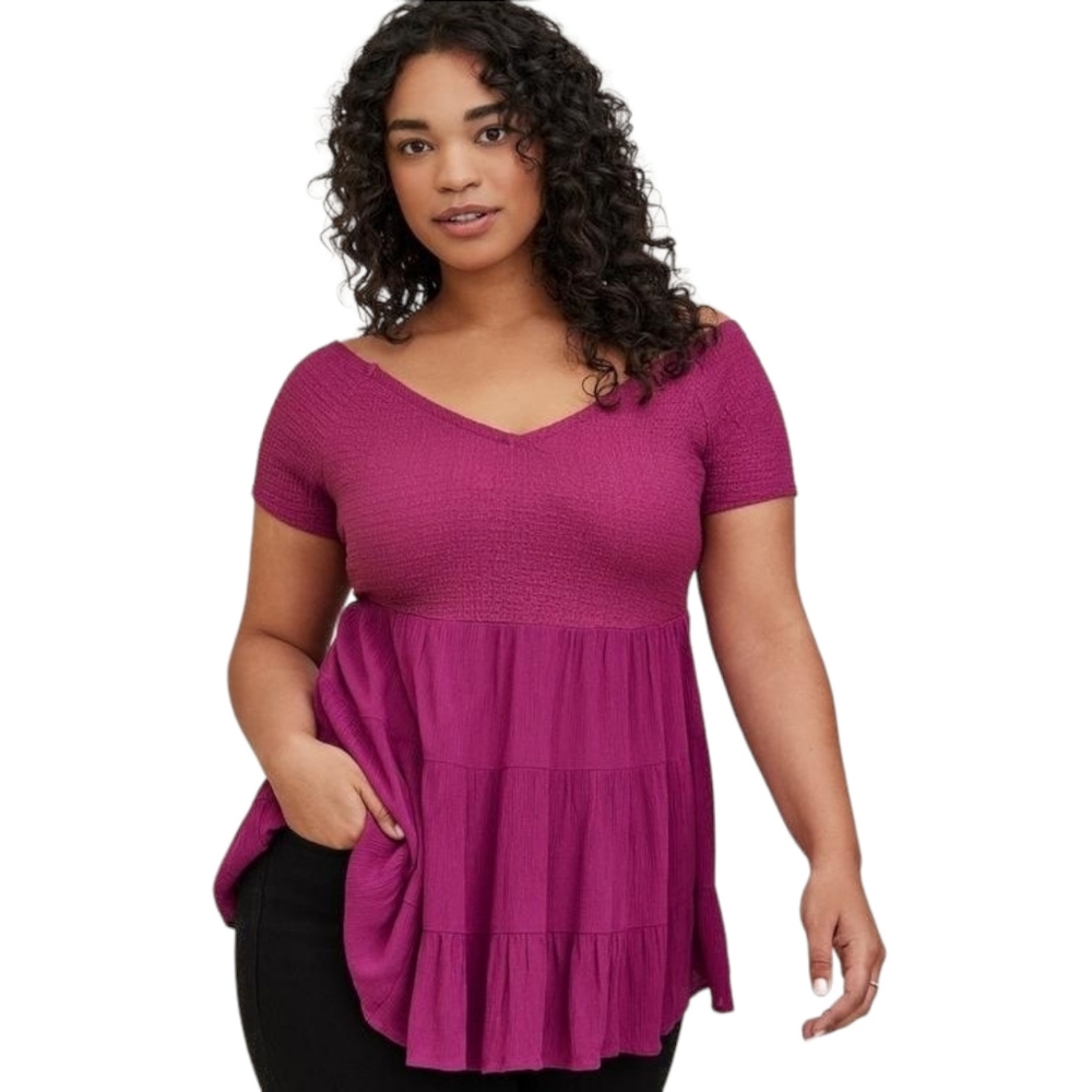 Torrid Off The Shoulder Smocked Bodice Top Berry Mix Knit Crinkle Gauze